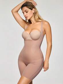 SHAPORA Body de unicolor con cuello de pico y shorts para mujer - Café integral - Ver 2