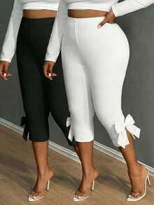 SHEIN SXY Quần legging cỡ lớn màu đen trắng thanh lịch với nơ trang trí, phù hợp cho các bữa tiệc cocktail, đi làm và mặc hàng ngày. - Nhiều màu - Xem 1