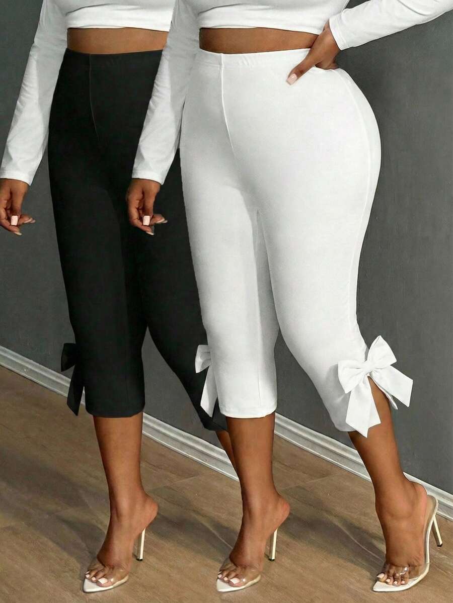 SHEIN SXY Quần legging cỡ lớn màu đen trắng thanh lịch với nơ trang trí, phù hợp cho các bữa tiệc cocktail, đi làm và mặc hàng ngày. - Nhiều màu - Xem 1