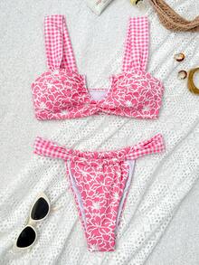 Bonvoyette Bộ đồ đi biển dễ thương dành cho nữ, họa tiết hoa văn phối màu kẻ caro, thiết kế cổ chữ V đáng yêu, phong cách ngọt ngào cổ điển, thích hợp cho các bữa tiệc biển hàng ngày, kỳ nghỉ, bikini 2 mảnh hở lưng thanh lịch. - Hồng - Xem 7