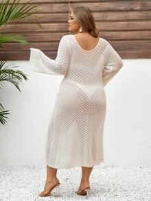 SHEIN CURVE+ 大码女式纯色钩针镂空度假连衣裙 - 白色 - 查看 2