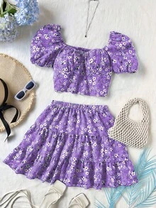 Sweetra Bộ 2 món: Áo tay cánh hoa nhí và chân váy ngắn. - Màu tím hoa cà - Xem 1