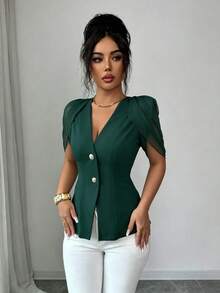 SHEIN Elenzya 女士优雅浪漫修身西装外套，V领设计，褶裥收腰 - 墨綠色 - 查看 7