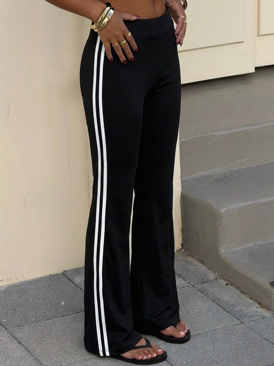 Muchica Black Knit Women's Flare Pants With Side Stripes - Black - View 1