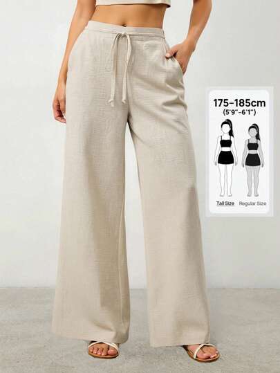 SHEIN Tall Women's Solid Color Linen Tie With Wide Leg Pockets Textured Commuter Trousers Old Money Style Linen Trousers Baggy Pants Summer For Women Beachwear Vacation Woman Pants Women, Cargo Pants