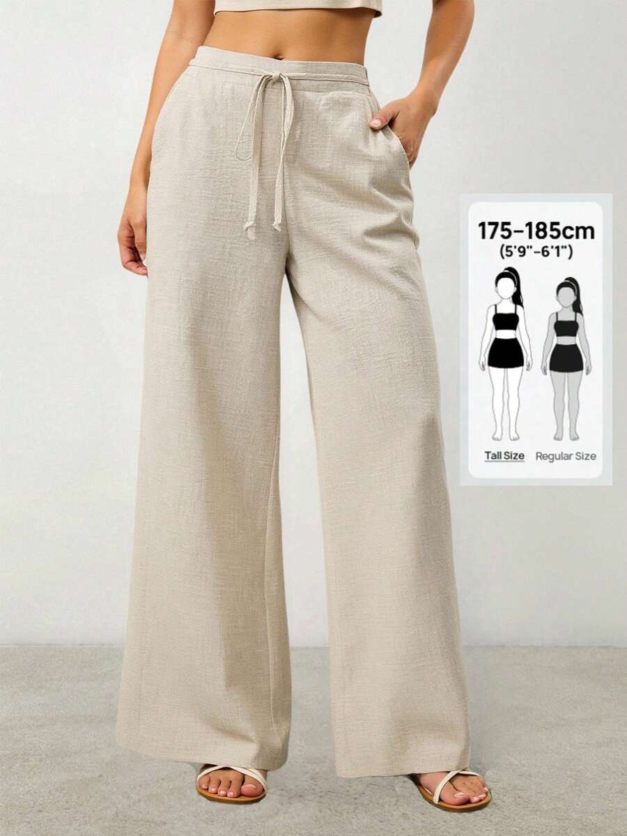 SHEIN Tall Quần nữ vải lanh trơn màu, ống rộng, có túi, kiểu dáng công sở, phong cách cổ điển, quần rộng thùng thình mùa hè cho nữ, quần đi biển, quần đi nghỉ mát, quần cargo cho nữ.