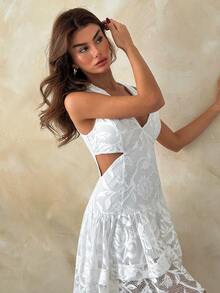 EURMUSE Vestido curto bordado em algodão branco para mulheres – Sem mangas, decote em V, elegante modelo evasê para o verão. - Branco - Ver 5