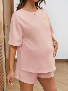 Lyckli Maternity Lemon Embroidery Short Sleeve T-Shirt And Shorts Casual 2 Pieces Set - Pink - View 5