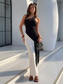 Firerie 女士优雅浪漫精致简约端庄舞会派对婚礼宾客约会度假黑白撞色流苏修身连衣裙，春夏款 - 黑與白 - 查看 4