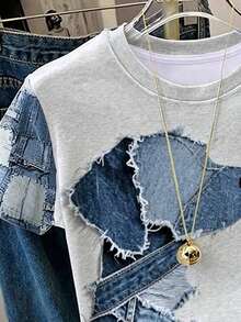 Resyla Women's Casual Denim Effect Print T-Shirt, Summer - Dark Grey - View 3