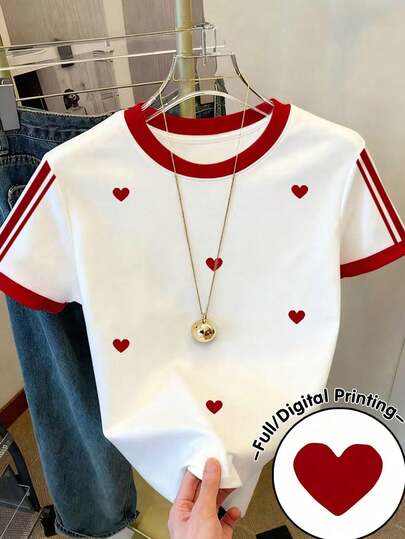 Resyla Áo thun nữ màu trắng in họa tiết trái tim phối màu đỏ, hoàn hảo cho mùa hè, áo thun thời trang, áo thun sành điệu, quà tặng cho anh chị em, quà tặng cho chị gái, quà tặng cho mẹ, quà tặng Ngày của Mẹ, áo thun thường ngày và phong cách.