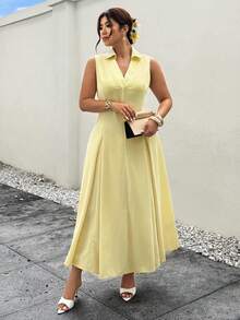 Firerie Plus Size Women's Elegant Summer Yellow Sleeveless V-Neck Waist Gathered A-Line Dress,Casual Daily Commute Beach Tea Party Vacation Chic - Yellow - View 3