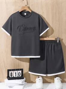 SHEIN Conjunto de 2 piezas de camiseta y pantalones cortos casuales para niños y preadolescentes, gris oscuro, ropa de calle de verano, escuela, vuelta al colegio, actividades al aire libre, vacaciones de verano, playa, salidas - Gris Oscuro - Ver 4