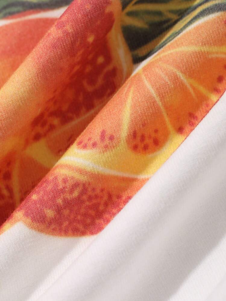 Dazy Plus Spring & Summer Casual Street Style White Tee, Round Neck Plant & Fruit Print Pattern, Basic Music Festival Vacation Loose Short Sleeve T-Shirt, Plus Size Women White