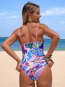 SHEIN Swim Vcay 女士沙滩度假印花吊带背心泳衣套装 - 彩色 - 查看 2