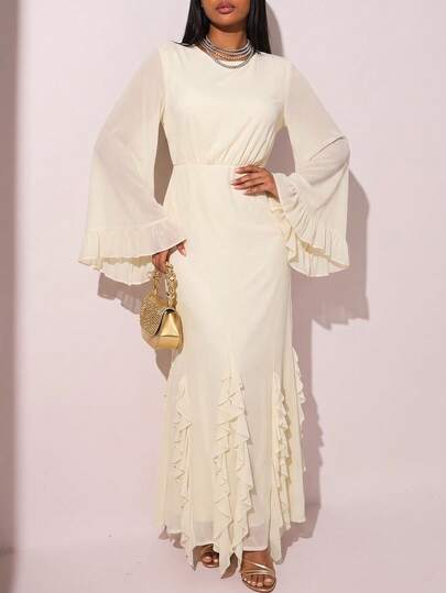 Veilorie 女士纯色圆领喇叭袖荷叶边下摆优雅阿拉伯风格连衣裙