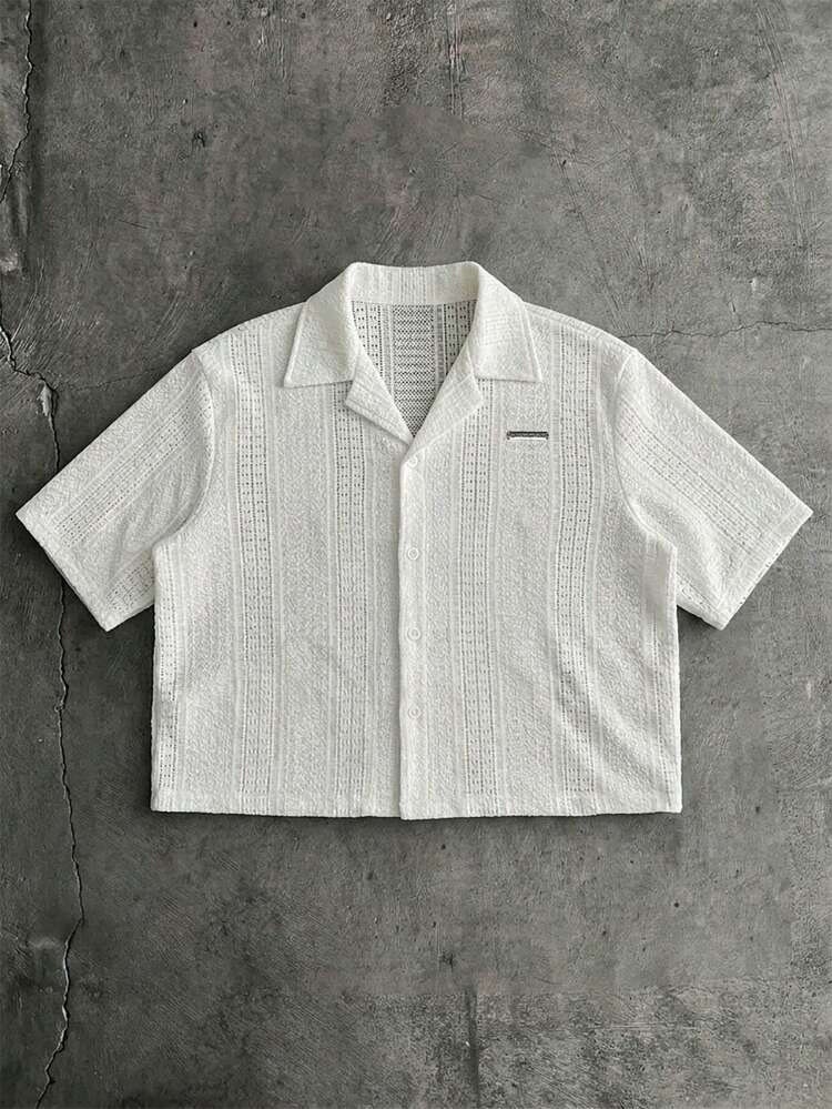 SUMWON Men's White Short Sleeve Button Down Shirt With Collared Neckline And Textured Fabric Details For Summer Beach Vacation Resort Casual Wear, Mens Summer Shirt, Resort Wear Men