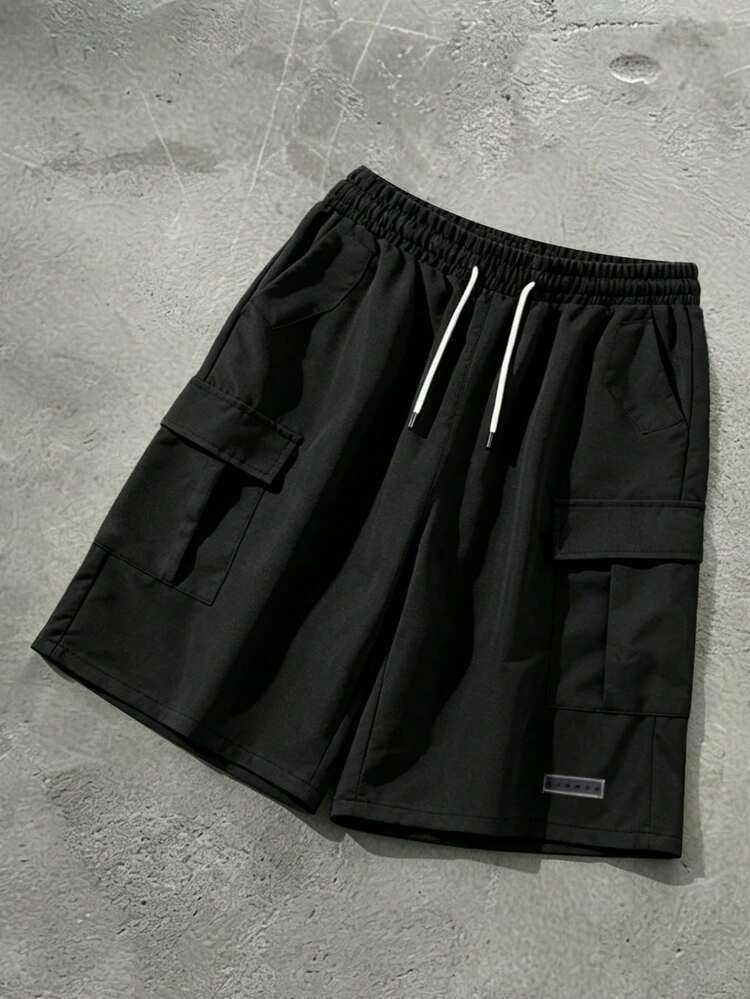 SUMWON Men's Relaxed Fit Cargo Shorts With Side Pockets And Brand Label Summer Casual Bottoms, Black Cargo Short ,Black Short, Black Shorts Men