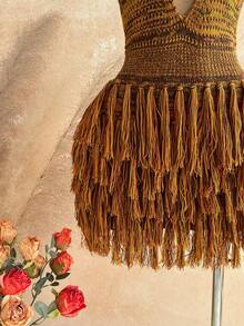 SHEIN WYWH Vestido de suéter ajustado con escote en V, cuello halter y espalda descubierta, estilo bohemio, para vacaciones, otoño/invierno - Multicolor - Ver 6