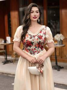 Auvina Plus Size Women's Spring/Summer Palace Style Vacation Dress, Elegant For Wedding, Birthday Party, Cocktail Party, Afternoon Tea Gathering Champagne - Multicolor - View 3