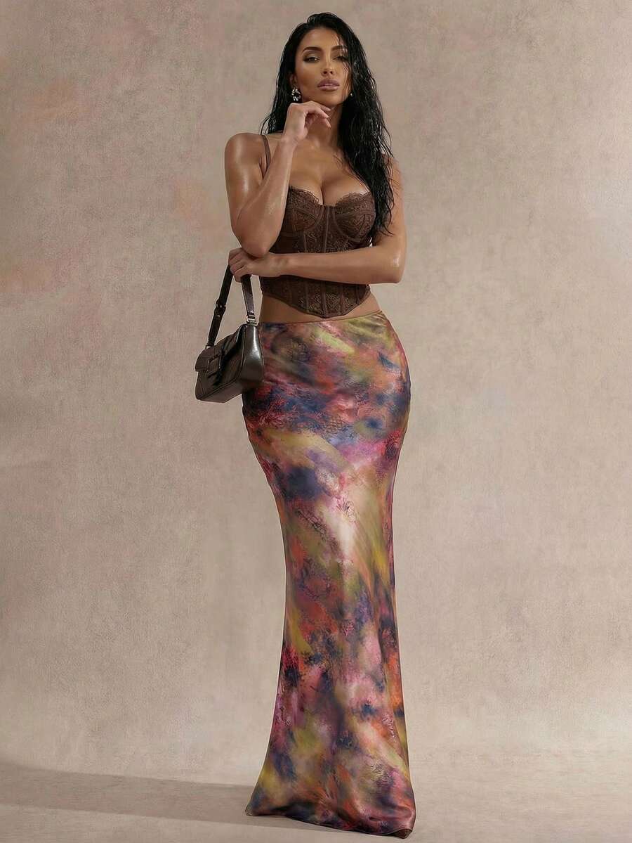 Swim Glamine 优雅百搭A字裙，缎面印花裙，夏季连衣裙，修身时尚裙 - 彩色 - 查看 1