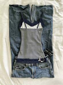 Glimmora Áo camisole nữ dáng ôm, phối ren, in họa tiết sọc, kiểu dáng thường ngày. - Nhiều màu - Xem 2