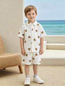 SHEIN Bộ 2 món áo sơ mi và quần short dệt kim kẻ sọc cho bé trai - trắng - Xem 8