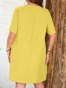 EMERY ROSE Faux Linen Comfortable Short Sleeve Epaulet Decor Plus Size Dress Spring Summer Women Gym Brown - Yellow - View 2