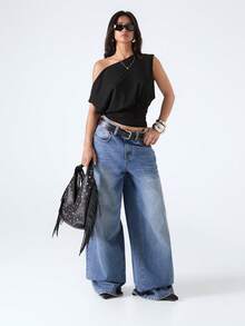 LYSMO 2026 New Arrive Minimalism Spring/Summer Women's Solid Color Asymmetric Neck Casual Versatile Daily Wear Top - Navy Blue - View 4