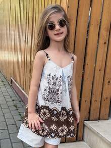 Áo hai dây in họa tiết cho bé gái, áo không tay mặc thường ngày mùa hè (size nhỏ) - Màu be - Xem 8