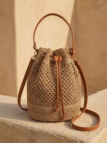 Swim Chiccia Bolso de playa tipo cubo de paja con cordón estilo bohemio para mujer - Caqui - Ver 1