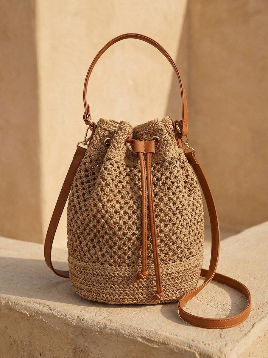 Swim Chiccia Bolso de playa tipo cubo de paja con cordón estilo bohemio para mujer - Caqui - Ver 1