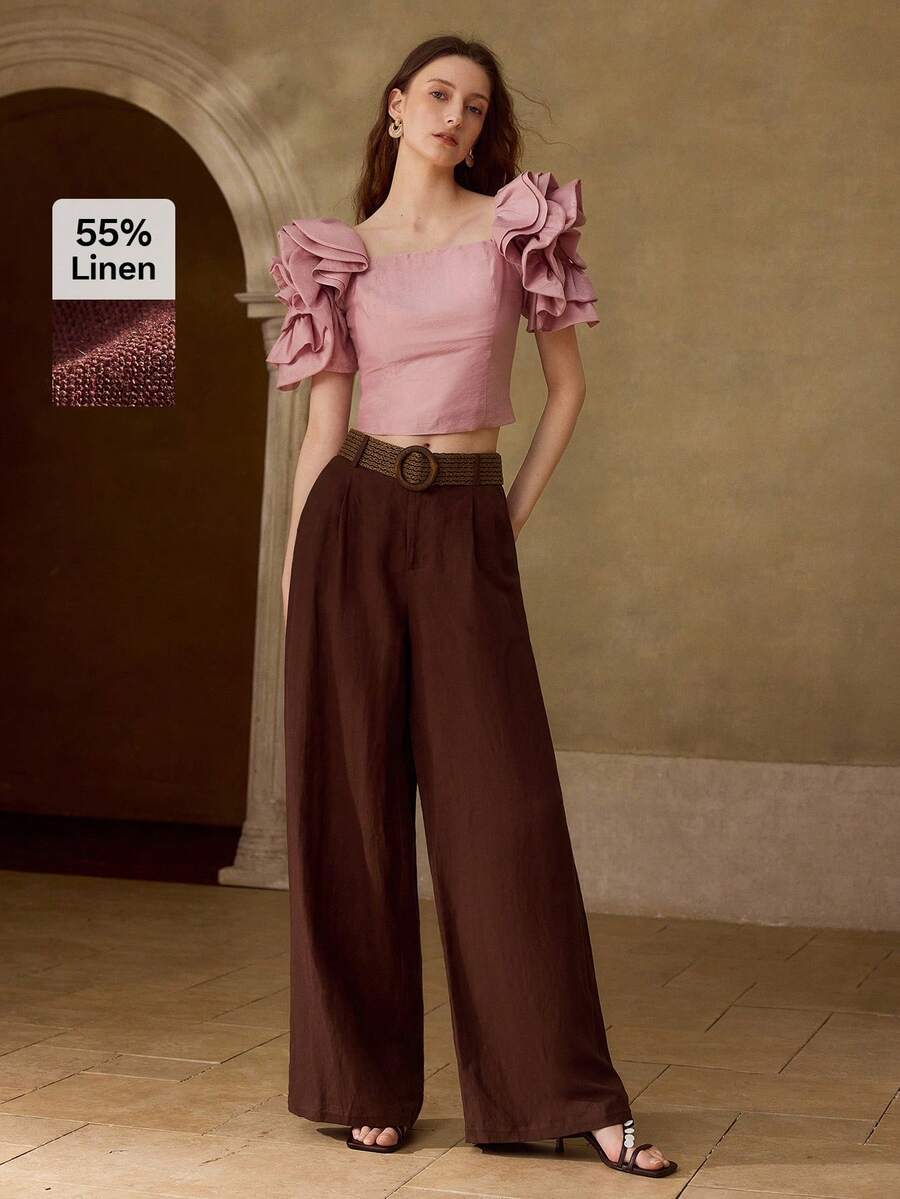 PREMIUM WOMEN'S HIGH WAIST WIDE LEG LINEN PANTS, SPRING/SUMMER - Brown - View 1