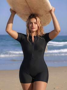 Swim Mulvari Bộ đồ bơi liền thân kiểu dáng Trung Đông dành cho người trưởng thành, màu trơn, mới nhất mùa Xuân/Hè 2026, có váy rời, đệm mút có thể tháo rời, thiết kế khóa kéo phía trước, ôm sát, kiểu dáng thể thao với váy thắt eo thanh lịch, đồ bơi thời trang thường ngày cho kỳ nghỉ biển. - màu đen - Xem 7