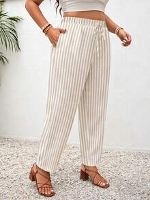 SHEIN Frenchy Quần nữ cỡ lớn kẻ sọc có dây rút ở eo và túi, kiểu dáng thường ngày. - Nhiều màu - Xem 5