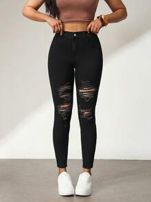 SHEIN ICON Jeans pitillo con bolsillos y cremallera para mujer - Negro - Ver 5