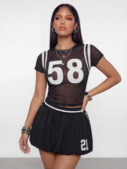 Gowayae Gowayae 女士圆领短袖修身褶皱露脐印花T恤，休闲上衣，适合啦啦队、足球迷、夏季度假、海滩、优雅、性感等场合，新款夏季上衣，嘉年华服装