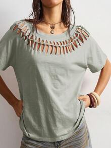 Bohemela Casual Solid Color Knit Round Neck Short Sleeve Distressed Loose Women T-Shirt,Summer Top - Mint Green - View 4