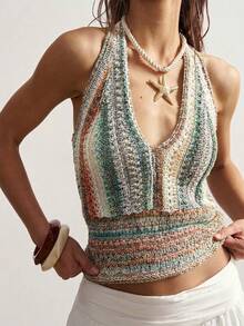 Bohemela Áo hai dây dệt kim cổ yếm kẻ sọc thời trang gợi cảm dành cho nữ, thích hợp cho mùa xuân/hè. - Nhiều màu - Xem 3