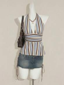 SHEIN ICON 女士休闲深V领露背吊带背心，女士休闲背心，美式复古条纹，女士夏季服装 - 彩色 - 查看 4