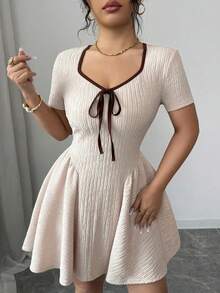 Auvina Đầm công sở dáng xòe, thắt eo bằng vải dệt kim màu mơ dành cho nữ cỡ lớn, thanh lịch và tôn dáng cho mùa xuân/hè. - Màu be - Xem 5