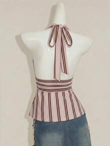 SHEIN ICON Áo tank top nữ kiểu dáng thường ngày, cổ chữ V khoét sâu, hở lưng, họa tiết sọc cổ điển Mỹ, phong cách Y2K, mùa hè. - Nhiều màu - Xem 3