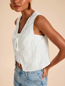 Travachic Women's Floral Embroidery Pattern Lace-Up Casual Versatile Daily Wear Top - White - View 7