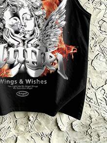 STEELVANCE 男士夏季街头字母和天使印花圆领背心 - 黑色 - 查看 4