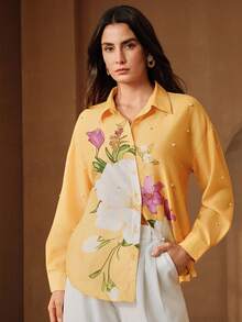 Anewsta 刺绣泡泡珠花卉印花设计时尚宽松休闲女式衬衫 - 黃色 - 查看 1