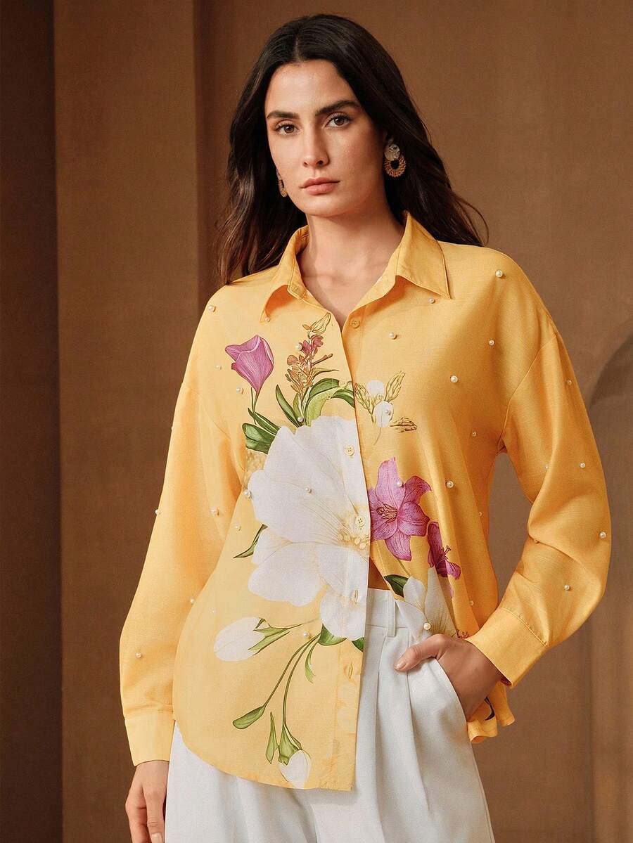 Anewsta 刺绣泡泡珠花卉印花设计时尚宽松休闲女式衬衫 - 黃色 - 查看 1