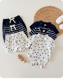 Bộ 6 món cho bé sơ sinh trai/gái, áo liền quần ngắn tay kẻ sọc xanh dương dễ thương và quần short, thích hợp mặc ở nhà và ngoài trời, mùa hè. - Màu xanh lam - Xem 2
