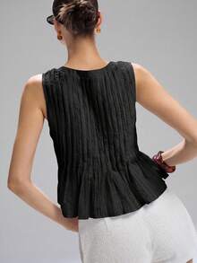 LYSMO Áo tank top không tay bằng vải lanh xếp ly eo dành cho nữ, kiểu dáng tối giản, phong cách nghỉ dưỡng, màu đen, bộ sưu tập Xuân/Hè 2026. - màu đen - Xem 2