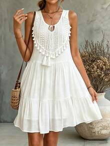 LUMIGAL Vestido largo con dobladillo con volantes, cuello con lazo y adorno de flecos para vacaciones y playa para mujer - Blanco - Ver 3