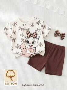 Cozy Pixies Baby Girl Cartoon Pattern Knit Soft Round Neck Short Sleeve Top And Elastic Waist Shorts 2-Piece Set - Multicolor - View 8